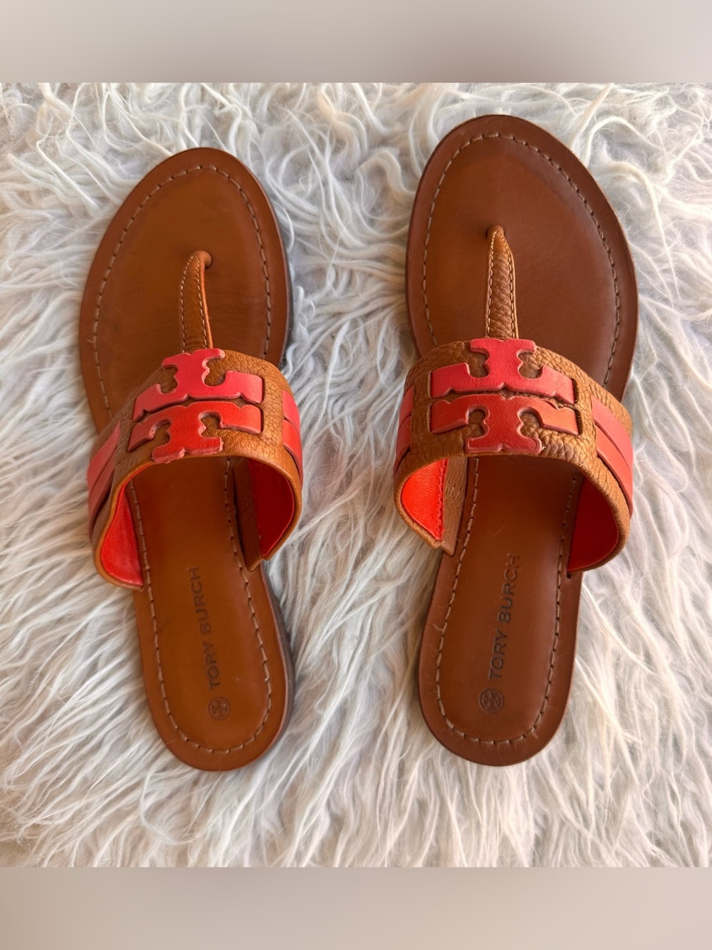 Tory Burch Tan Leather Slide Sandals with Coral Accents